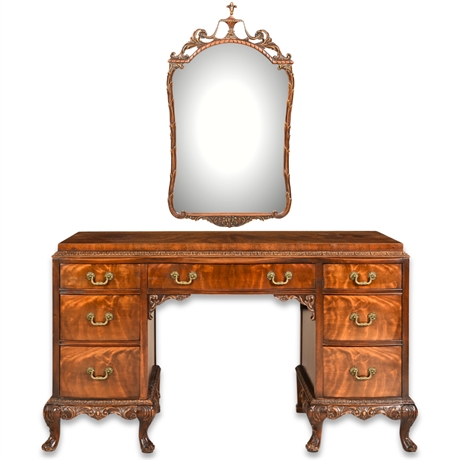 Romweber Chippendale Flame Mahogany Ornate Carved Vanity and Mirror Set