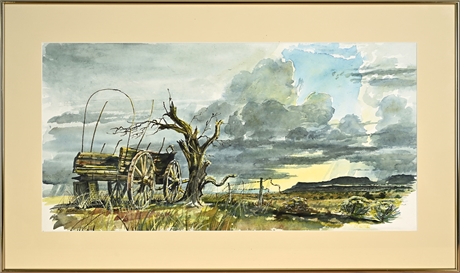 Mike Martinez Original Watercolor — Abandoned Wagon Under Prairie Storm