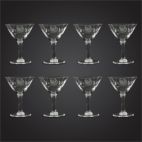 (8) Vintage Etched Crystal Cocktail Glasses – 4” Tall