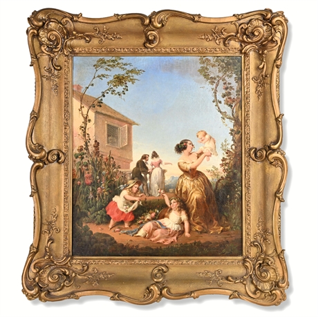 19th C. Oil on Canvas Genre Scene in Ornate Gilt Rococo Frame