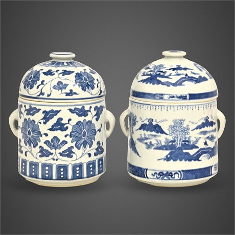 Chinese Blue & White Porcelain Soup Jar Pair — Lotus & Landscape, 6 Pcs​​​​​​​