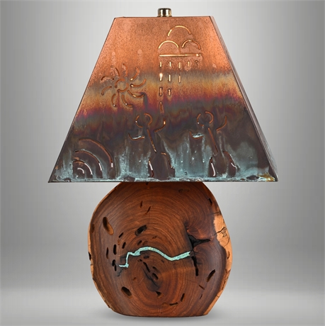 Kohler Pierced Copper & Mesquite Lamp w/ Turquoise Inlay