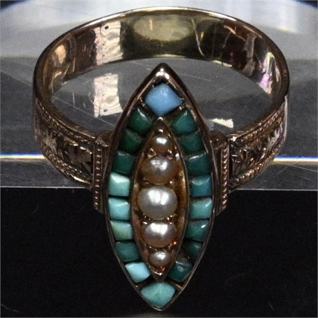 14K Victorian Persian Turquoise and Seed Pearl Ring
