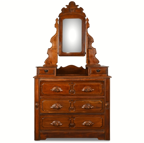 Victorian Carved Walnut Dresser with Mirror & Glove Boxes, Circa 1900