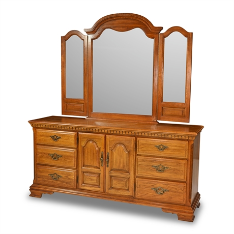 Sumter Solid Oak 9 Drawer Dresser with Tri Fold Mirror