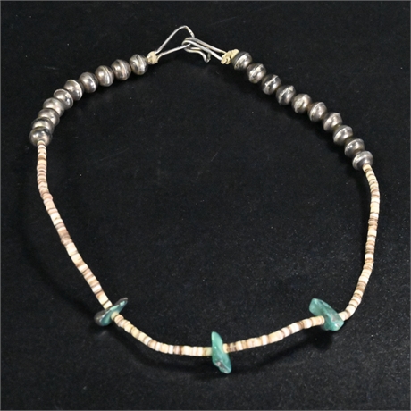13" Child's Turquoise, Heishi, & Silver Bench Bead Necklace