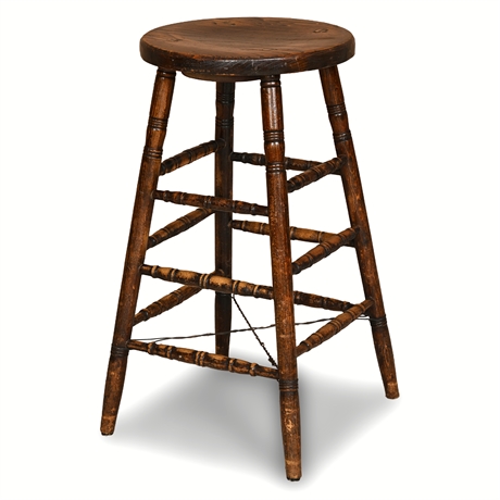 27” Antique Tavern Stool Solid Wood Turned Spindle Legs