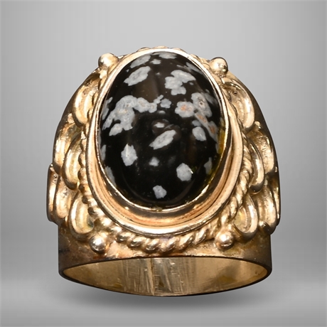 Vintage Sterling Snowflake Obsidian Ring, Size 7