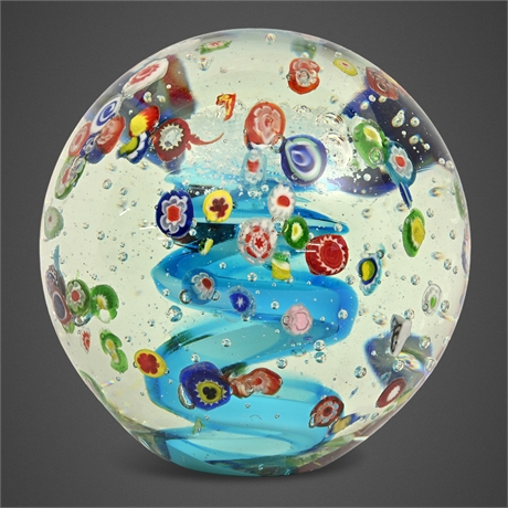 Murano Style Millefiori Art Glass Paperweight Blue Spiral 5"