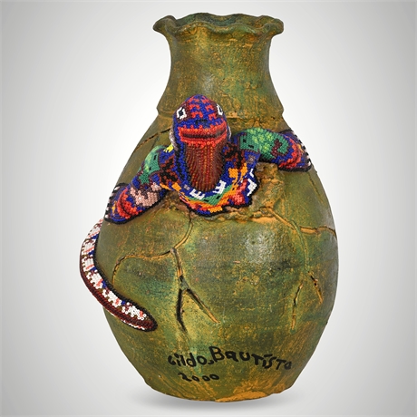 Gildo Bautista 2000 Huichol Beaded Serpent Vessel – Signed Ceramic
