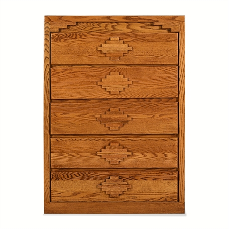 Solid Oak Five-Drawer Chest with Stepped Pueblo-Motif Pulls, Cedar-Lined Top