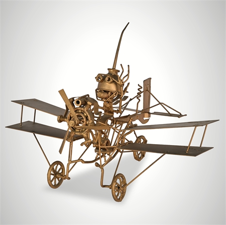 Found-Object Metal Biplane Sculpture – Oil Can, Bottle Opener & Tools, 11” x 16”