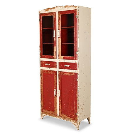 Antique New Mexican Solid Wood Glass-Front Cabinet, Red & Cream Paint