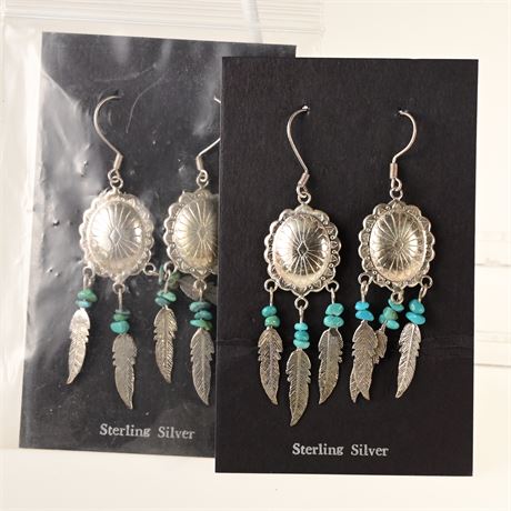2 Pairs of Sterling Silver Concho and Turquoise Earrings