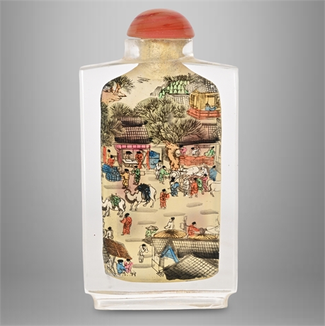 Reverse-Painted Chinese Glass Snuff Bottle – Market Scene & Seals