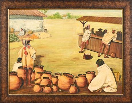 Mexican Market Scene, Oil on Canvas Panel