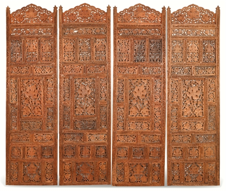 Vintage Carved Teak Four-Panel Room Divider Folding Screen Panels