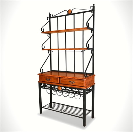 74” Coaster Gourmet Oak Bakers Rack Wine Storage Iron Shelves Drawers