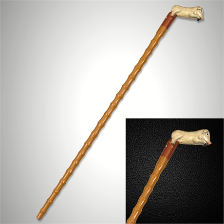 Carved Wood Walking Cane — Full Body Pig Handle, Glass Eyes, Faux Bamboo Shaft
