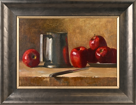 Stan Phillips (1923–2012) Oil on Panel Still Life — Apples, Mug & Knife
