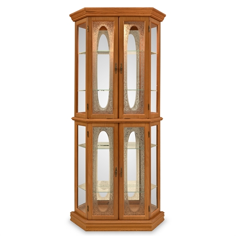 Pulaski Lighted Corner Curio Cabinet — Etched Glass, Mirror Back, 4-Door