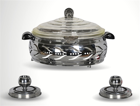 McKee Glasbake Casserole & Art Deco Chrome Cradle with Chase-Style Candlesticks