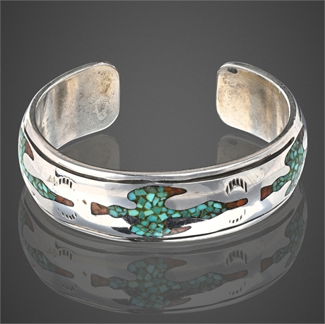 Early Charlie John Navajo Sterling Cuff – Peyote Bird, Turquoise & Coral