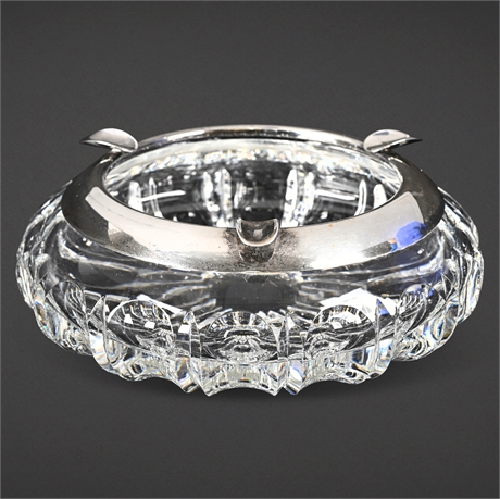 German 835 Silver & Cut Crystal Ashtray – 8" Heavy Mid-Century Design