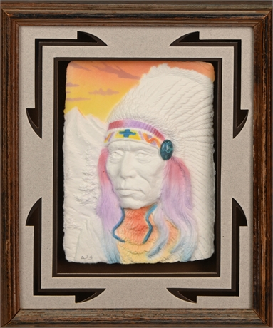 Framed Hand Cast Paper Artwork Indian Chief