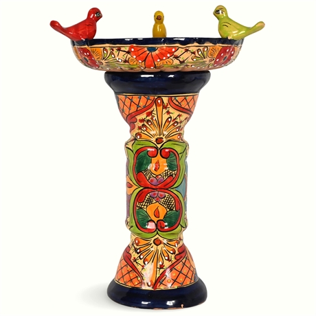 Vibrant Talavera Bird Bath with Colorful Birds