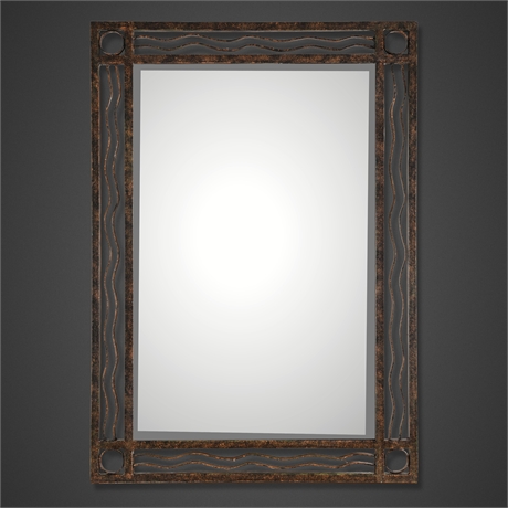 Wrought Iron Wall Mirror — Wave & Circle Frame, 41 × 29"