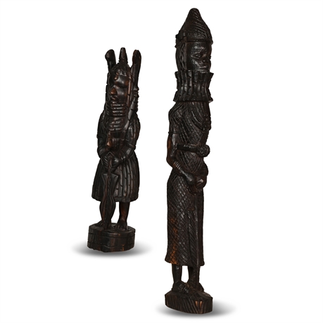 Carved Tribal Figure of the Oba of Benin and Companion