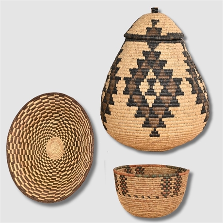 Coiled Basketry Vessels — Lidded Zulu Ukhamba, Checkered Tray & Polychrome Bowl