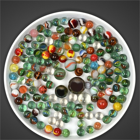 154 Vintage Glass Marbles – Colorful Mixed Lot, Shooters & Swirls