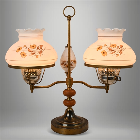 Vintage Double Arm Electric Student Lamp – Hand-Painted Milk Glass Shades, 3-Way