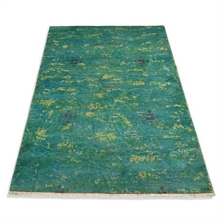 BH Sun Hand-Knotted Persian Overdyed Wool Rug 4'2"x5'10" — Teal, Carpet Pad