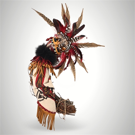 Kachina-Inspired Hand-Painted Gourd Wall Figure w/ Feathers & Wool