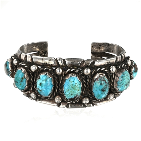 Vintage Navajo Sterling Silver Turquoise Cuff – 7 Natural Stones, 102.7g