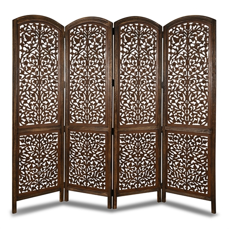 Quad Panel Hand-Carved Wooden Room Divider – 72.5” Folding Screen