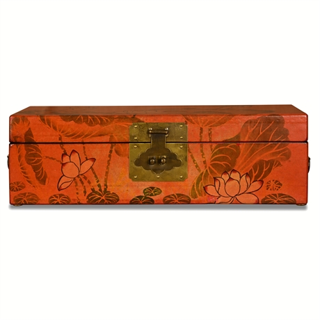 Vintage Asian Document Box Lotus Decor Brass Handles 17.5"