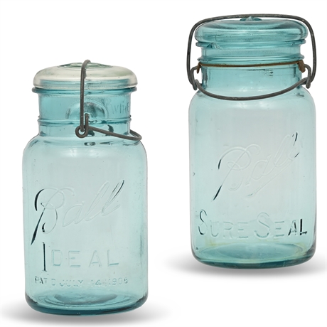 Antique Ball Aqua Glass Jar Set: 1 Quart Ball Sure Seal and Ball Ideal