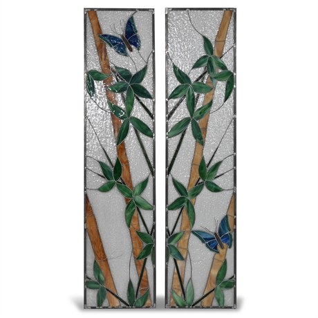 Pair 60" Butterfly & Bamboo Stained Glass Panels, As Is