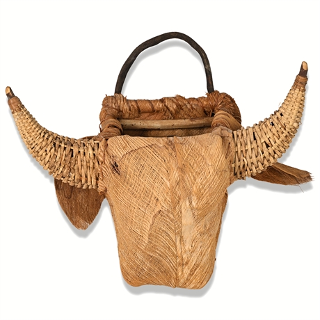 Folk Art Woven Bull Wall Sculpture — Palm Fiber & Cane, Rustic Boho Decor