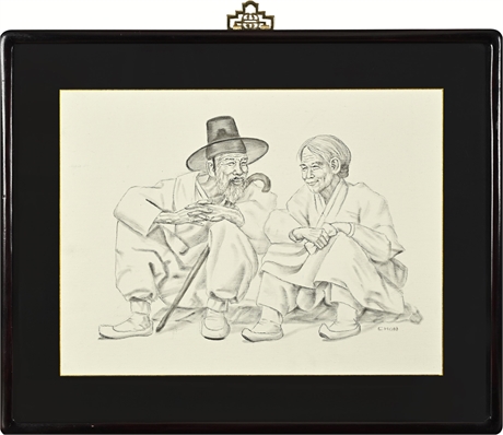 Chon — Graphite Portrait of Two Korean Elders in Conversation
