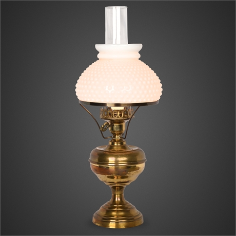 Vintage Electric Brass Hurricane Lamp w/ Milk Glass Hobnail Shade, 20"