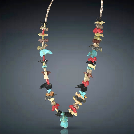 intage Zuni Multi-Stone Fetish Necklace - 55 Hand-Carved Animals, Heishi Shell B