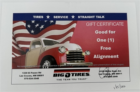 Big O Tires One Free Alignment Gift Certificate