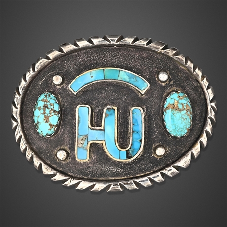 Vintage Navajo Sterling Silver Turquoise Ranch Brand Belt Buckle
