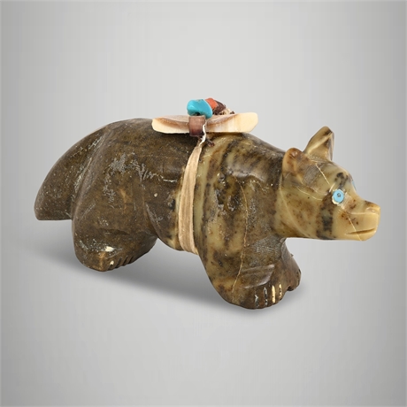 Zuni Serpentine Bear Fetish with Turquoise, Coral & Abalone Offering Bundle