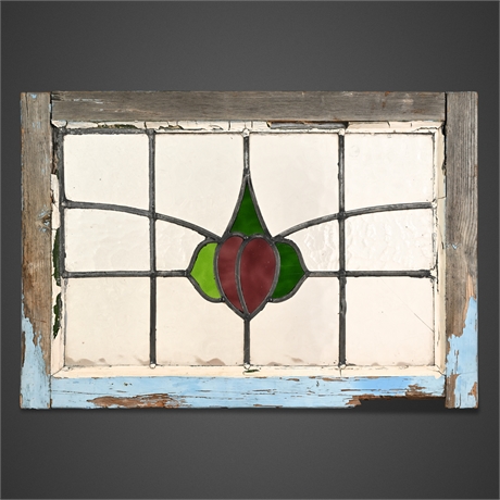 Antique Leaded Stained Glass Window — Arts & Crafts Floral, Wood Sash
